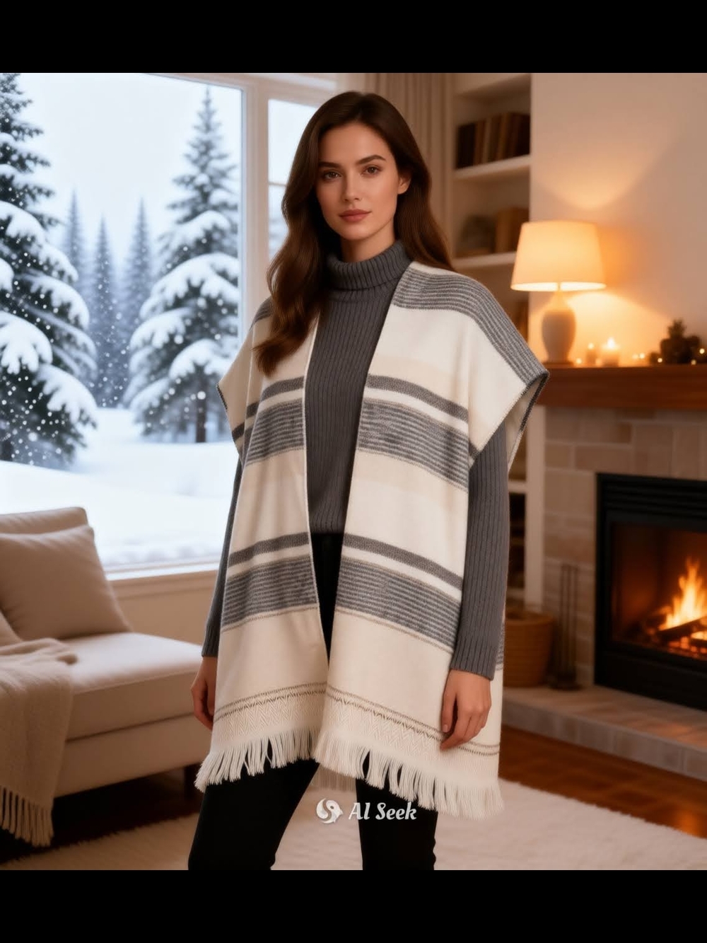 Women's Striped Fringe Open Front Knit Poncho - Cream & Gray-OS
